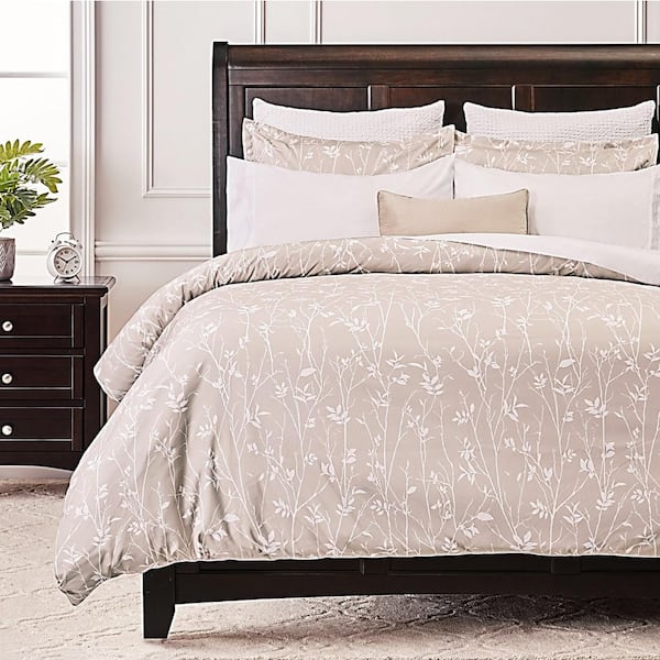 CHANASYA Chanasya 3-Piece Leaf Beige Bramble Print Microfiber Duvet Cover Set, King