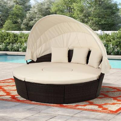 Brown Patio Furniture Round Rattan Outdoor Sectional Sofa Set Daybed Sunbed with Beige Cushions
