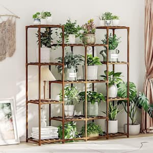 4-Tiers 14 Pots Rectangular Wooden Plant Rack for Living Room Terrace, Balcony and Garden, Natural Color