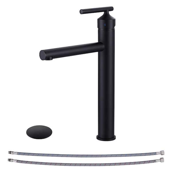 13.3 in. H Single Handle Single Hole Stainless Steel Bathroom Faucet with Pop Up Drain and Supply Lines in Matte Black