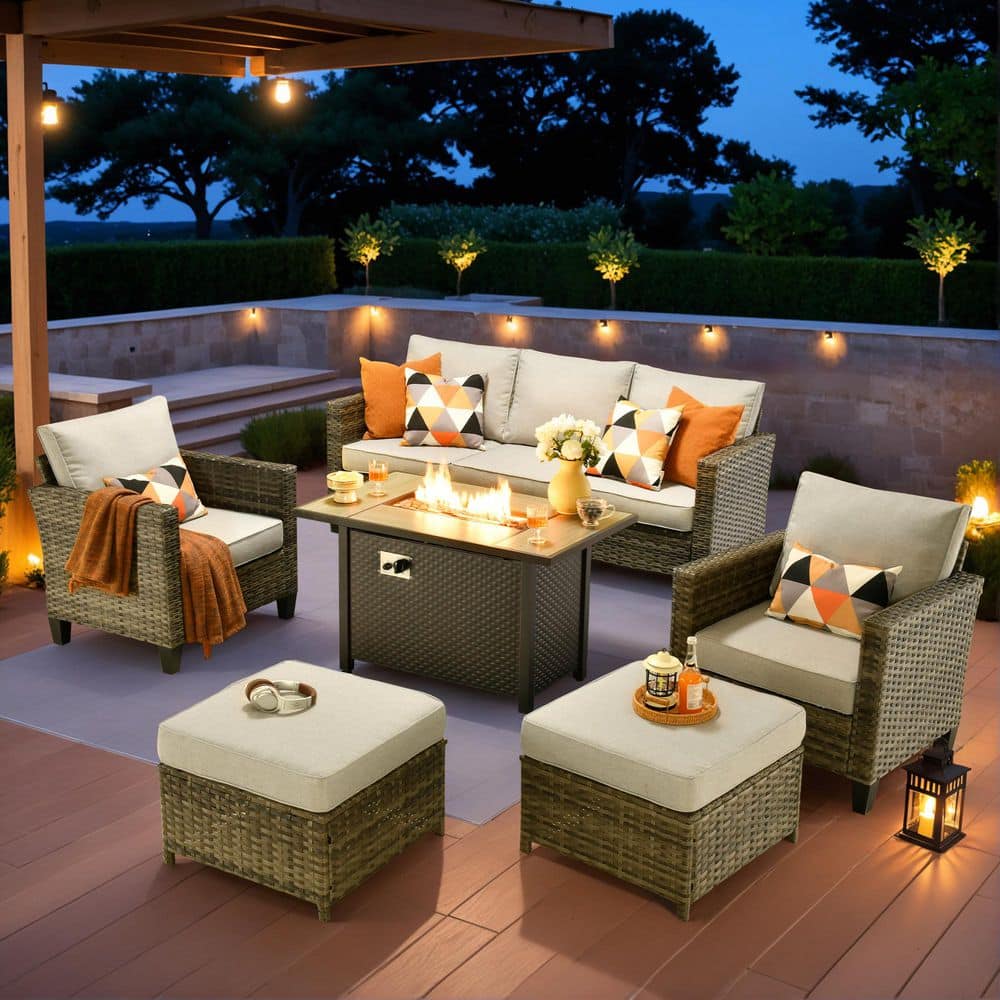 Audrey Gray 6-Piece Wicker Outdoor Patio Fire Pit Conversation Sofa Seating Set with Gray Cushions price history on PriceWatchPro