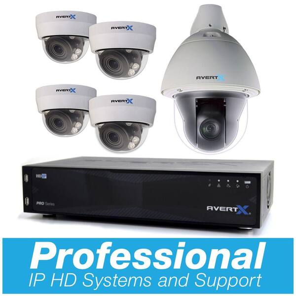 AvertX HDIP 16-Channel 8TB NVR Surveillance System with (4) 4MP Auto Focus Dome Cameras and (1) 30X PTZ Camera