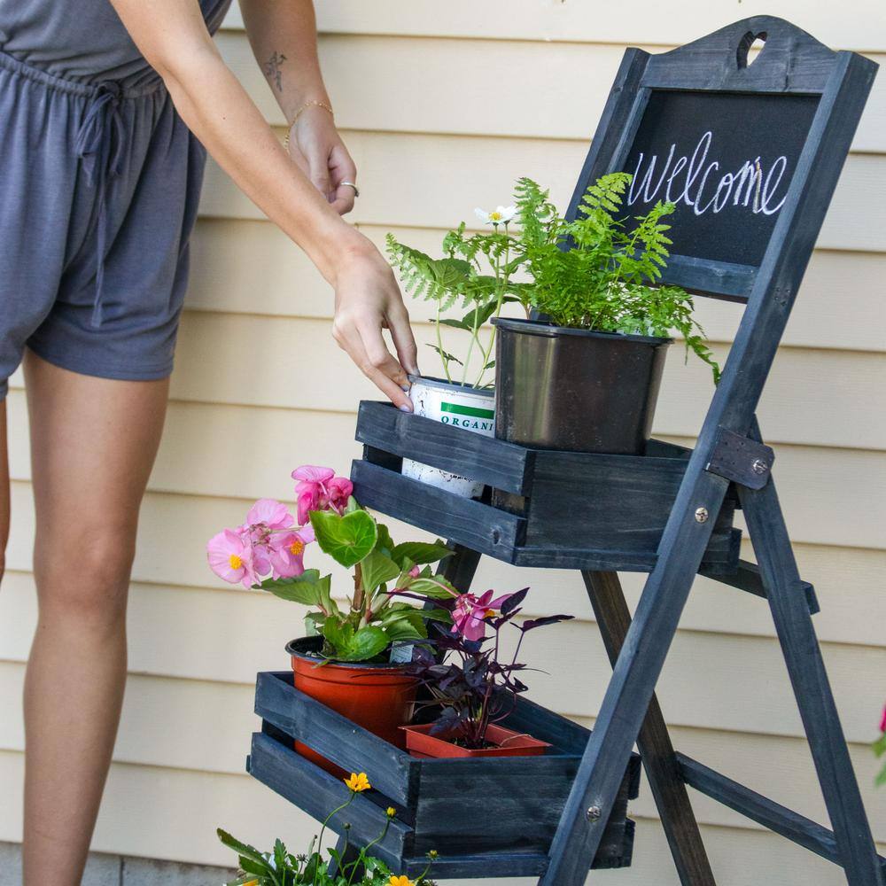 Black Fir Wood 3-Tier Ladder Plant Stand with Chalkboard