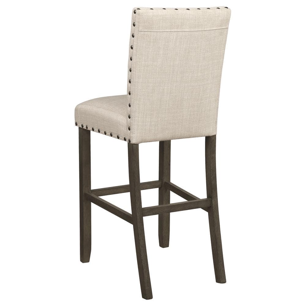 Beige Upholstered Bar Stools with Nailhead Trim, Set of 2