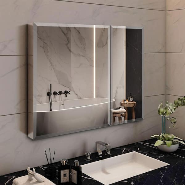FUNKOL 30 in. W x 26 in. H Rectangular 2-Door Silver Aluminum Recessed or Surface Mount Large Medicine Cabinet with Mirror