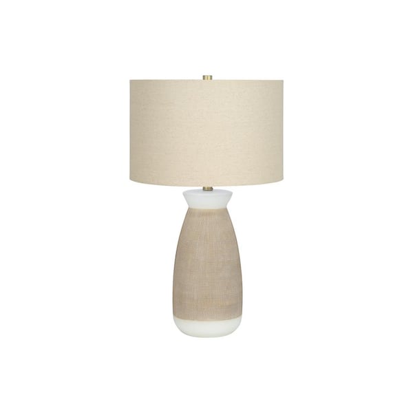 HomeRoots 26.5 in. Beige Contemporary Integrated LED Bedside Table Lamp with Beige Linen Shade