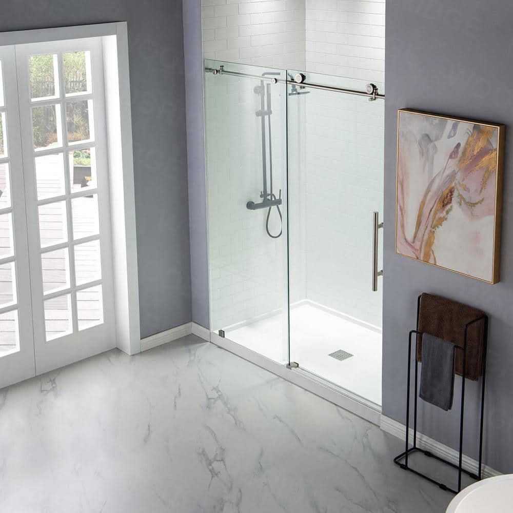 76” H Frameless Sliding Shower Door (56-60 Inch Adjustable Width) with Reversible Installation, Safety Glass, Anti-Splash Design
