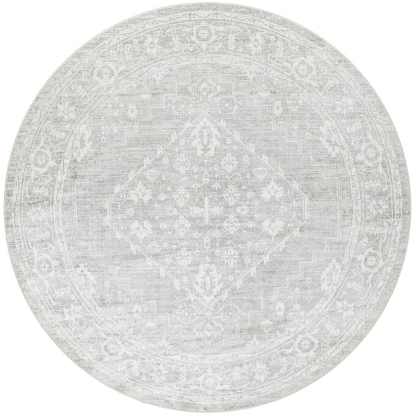 Astra Machine Washable Light Grey 5 ft. x 5 ft. Center medallion Traditional Round Area Rug