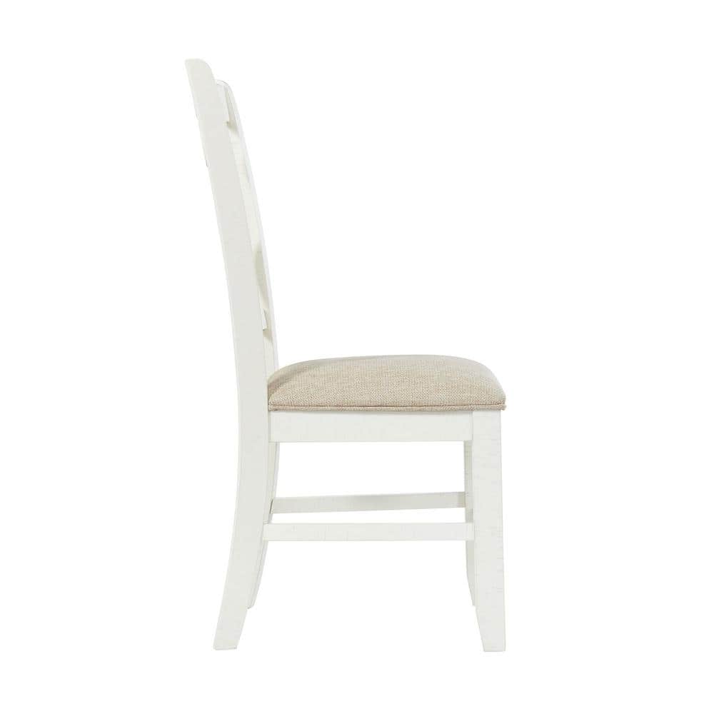 Elegant White Wooden Side Chair with Swirl Back Design and Upholstered Seat