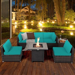 7-Piece Wicker Patio Conversation Set 30 in. Fire Pit Table Cover Rattan Sofa with Turquoise Cushions