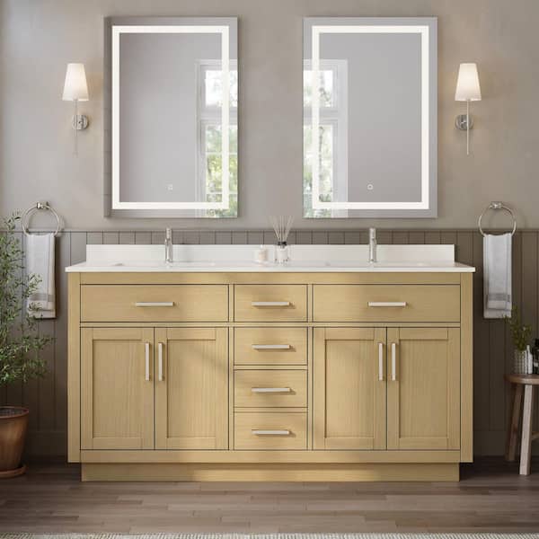Beckett TK 66 in. Double Freestanding Rift Oak with Brushed Nickel Trim Bath Vanity with White Quartz Top