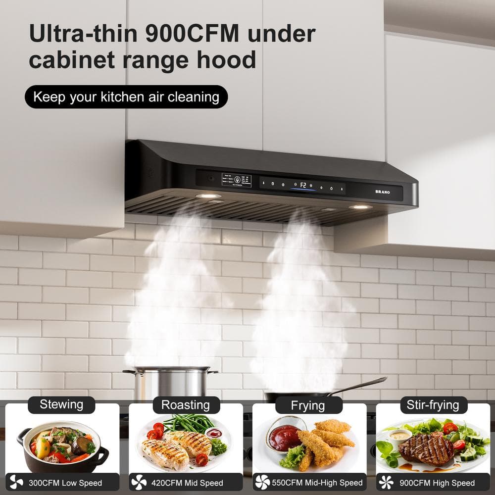 30 Inch Black Stainless Steel Under Cabinet Range Hood with LED Lights