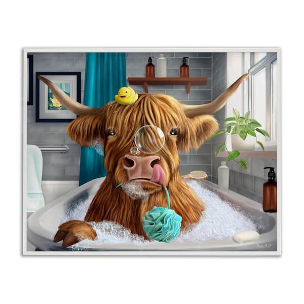Highland Cow Bubble Bath by Mehu Art White Framed Animal Giclee Art Print 11 in. x 14 in.