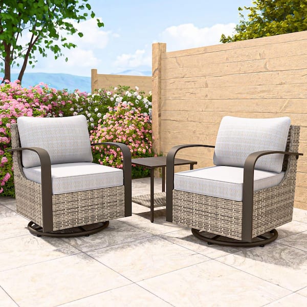 3-Piece Ergonomic Armrest Brown Wicker Patio Swivel Glider Rocking Chair Conversation Set with Beige Cushions,Side Table