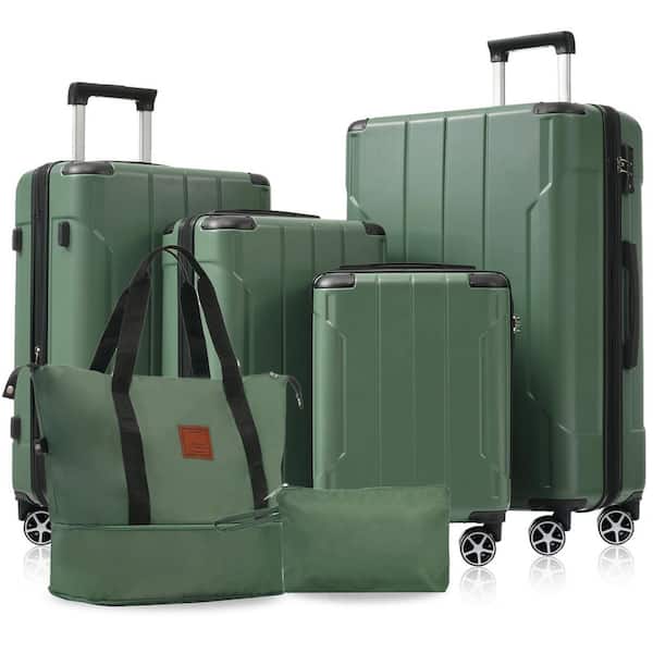 6 Bags 6-Piece Green Expandable ABS Hardshell Spinner 16,20,24,28 Luggage Set with Duffel Bag, Toiletry Bag