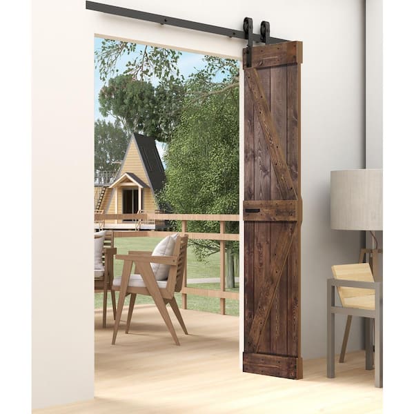 ISLIFE K Style 24 in. x 84 in. Dark Walnut Finished Solid Wood Bi-Fold Barn Door with Hardware Kit-Assembly Needed