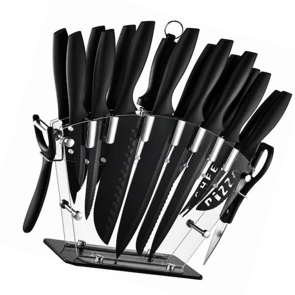 19-Piece Black Stainless Steel Kitchen Knife Set with Acrylic Block and Sharpener