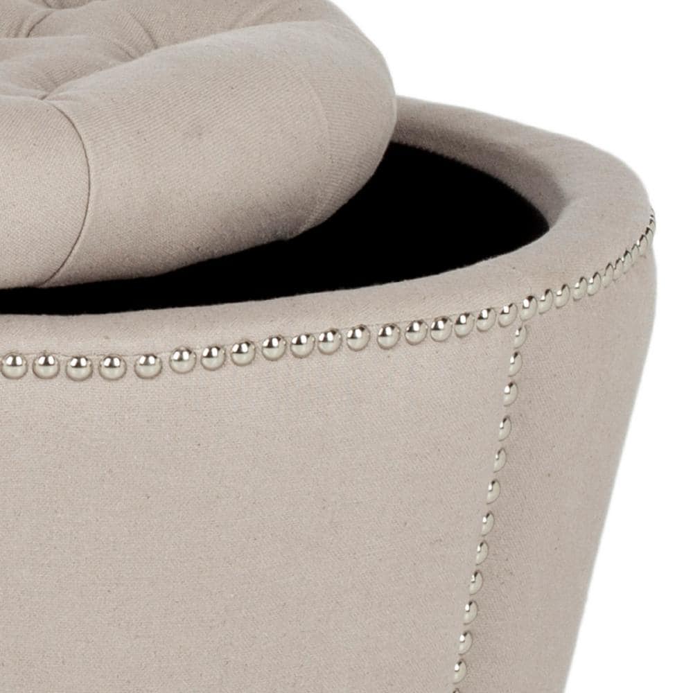 Taupe Tufted Linen Circle Ottoman with Nailhead Trim