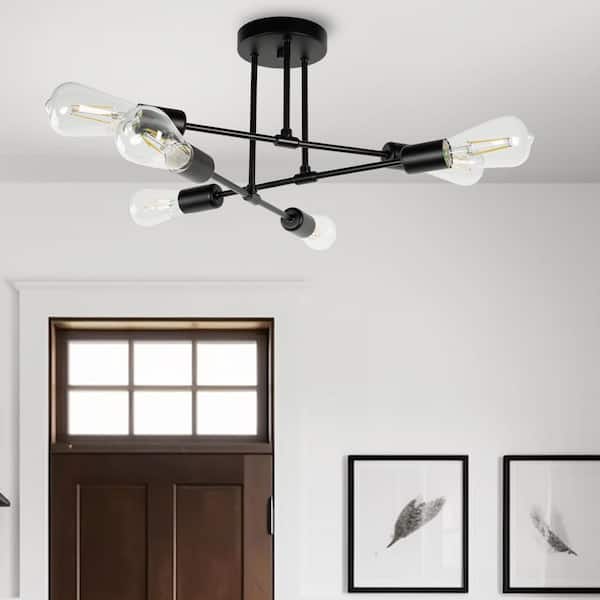 16 In. 6-Light Modern Black Branch Chandelier Semi Flush Mount Ceiling Light Fixture with E26 Socket, Bulbs Not Included