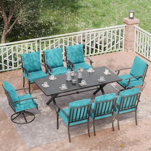 9-Piece Metal Patio Outdoor Dining Set with 2 Swivel Chairs, 6 Chairs, Large Table, Umbrella Hole and Blue Cushions