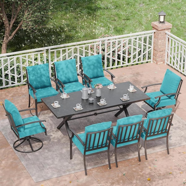 Halmuz 9-Piece Metal Patio Outdoor Dining Set with 2 Swivel Chairs, 6 Chairs, Large Table, Umbrella Hole and Blue Cushions