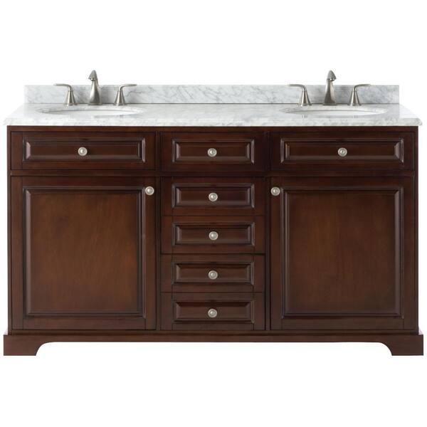 Home Decorators Collection Highclere 60 in. W x 22 in. D Double Bath Vanity in Cocoa with Natural Marble Vanity Top in Carrera White