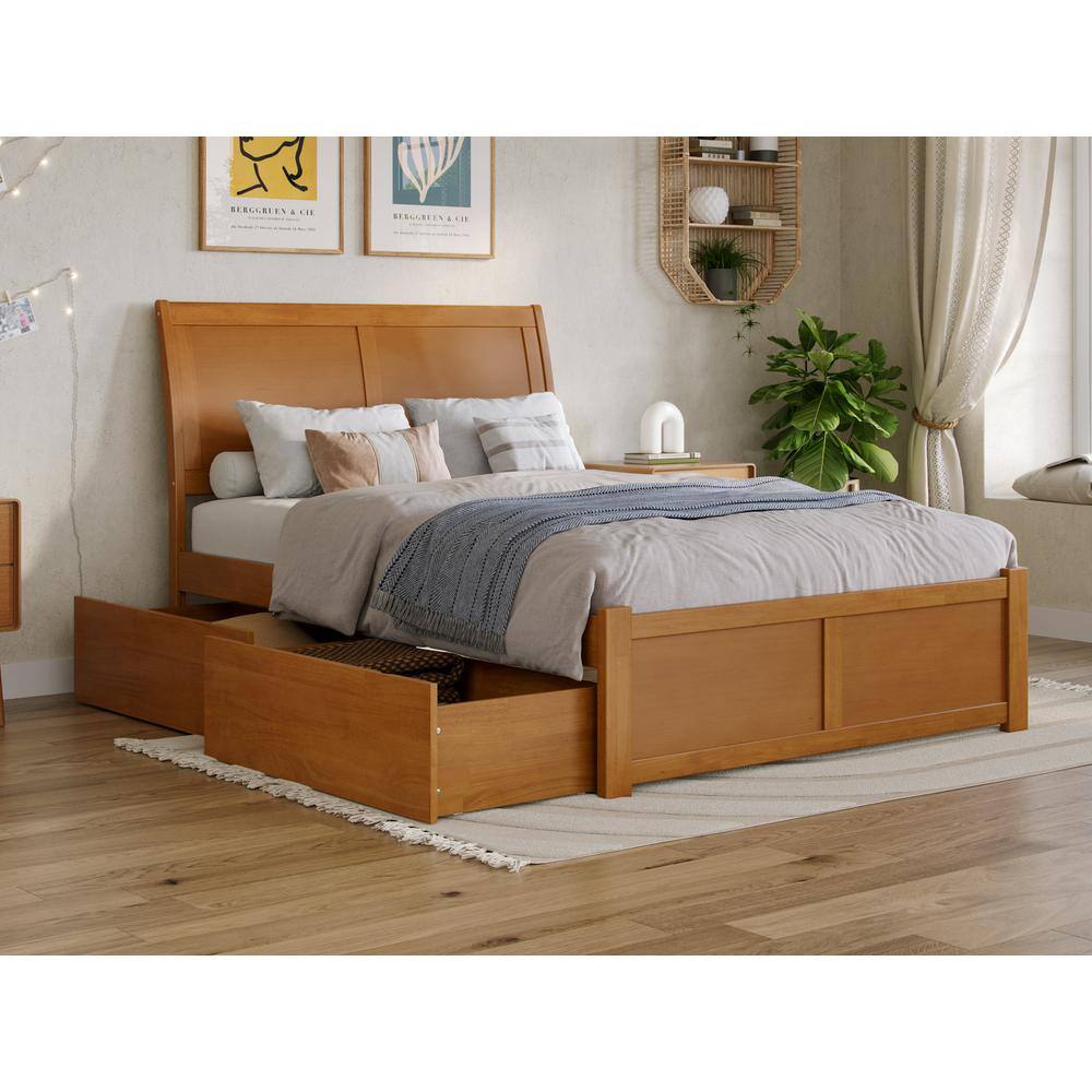 Light Toffee Full Wood Platform Bed with Sleigh Headboard and Storage Drawers