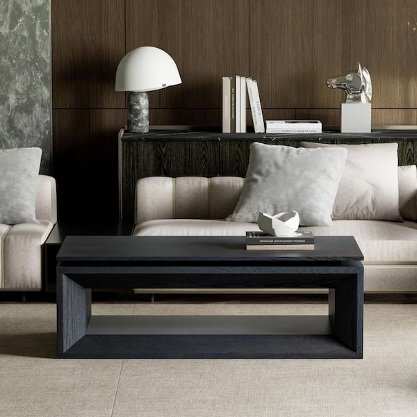 Fraser Modern 43.3 in. Black Rectangle MDF and Solid Wood Veneer Coffee Table with Storage, Adjustable Height