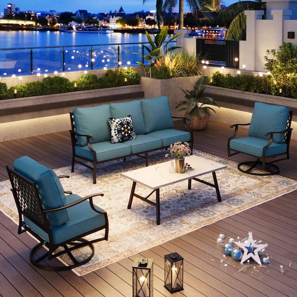 Metal 5 Seat 4-Piece Steel Outdoor Patio Conversation Set with Denim Blue Cushions, Swivel Chairs, Marble Pattern Table