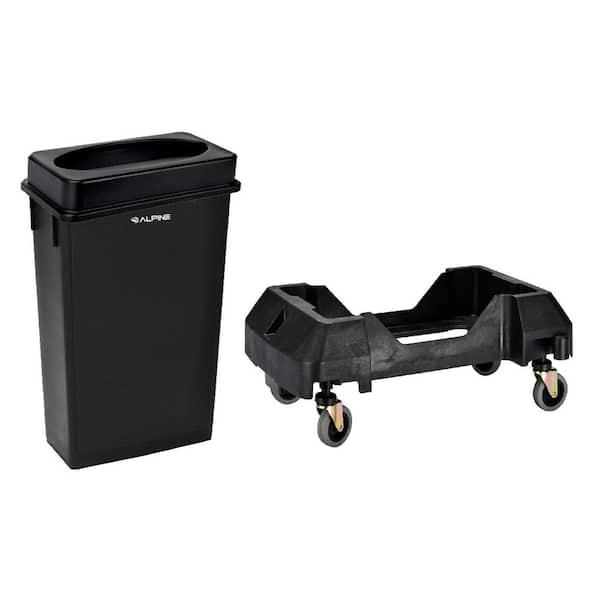 Alpine Industries 23 Gal. Black Waste Basket Commercial Trash Can with Flat Lid and Dolly Combo