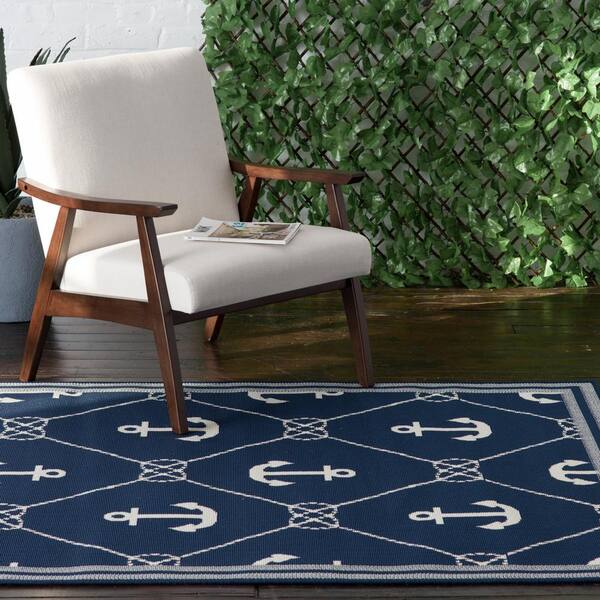 Outdoor Patio Rug Nautiacal Blue Anchor with Stripes Outdoor Rug