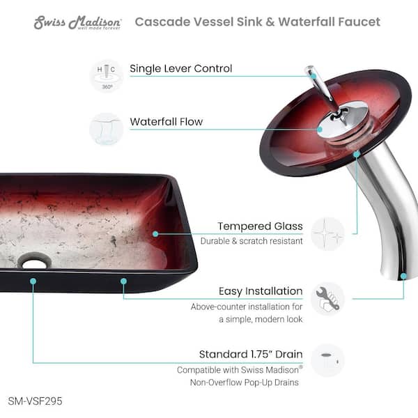Cascade Glass Rectangular Vessel Sink with Faucet in Ember Red