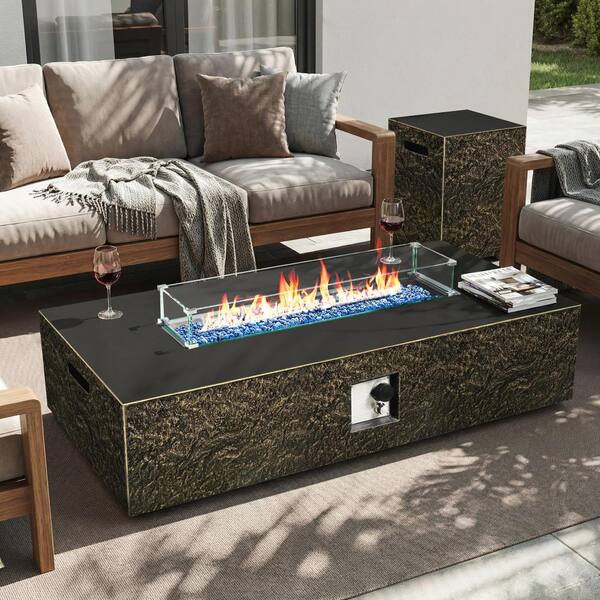 56-Inch Rectangular Concrete Propane Fire Pit Table with Tank Cover and Wind Guard,Vintage Bronze