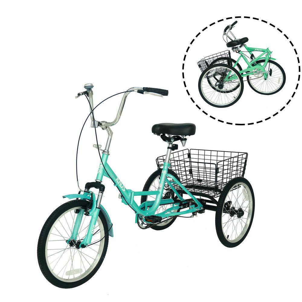 20 in. 3 Wheel Adult Foldable Tricycle, Teal Blue Bicycle with Shopping Bas