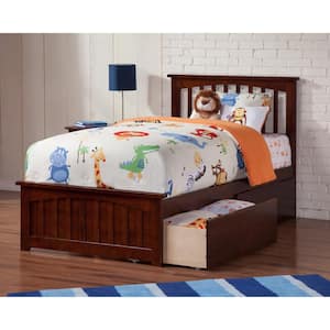 Mission Walnut Twin XL Solid Wood Storage Platform Bed with Matching Foot Board with 2 Bed Drawers