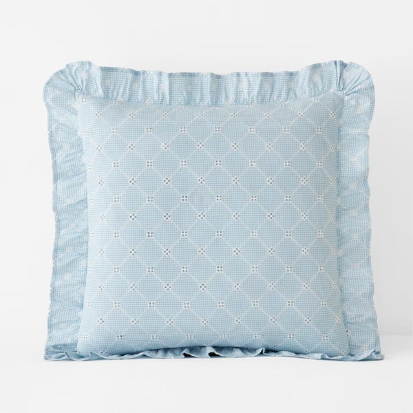The Company Store Company Cotton Eyelet Ruffle Yarn-Dyed Blue Euro Cotton Percale Sham