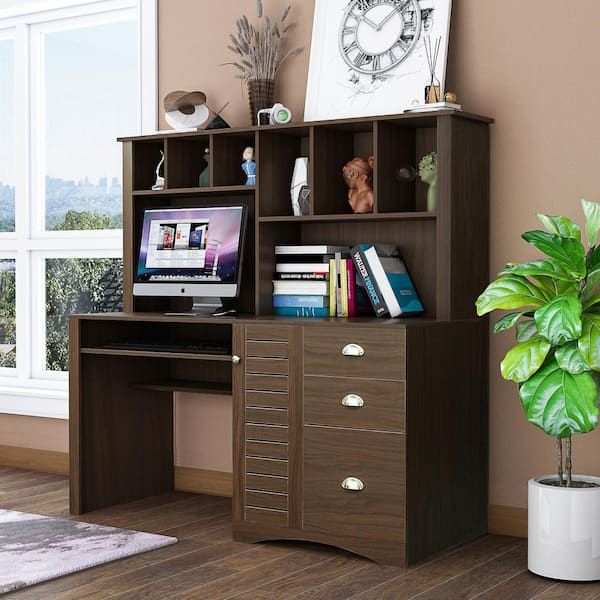 Modern Solid Wood Computer Desks Office Table with PC Droller Storage Shelves and File Cabinet Small Study Writing Desk - Black