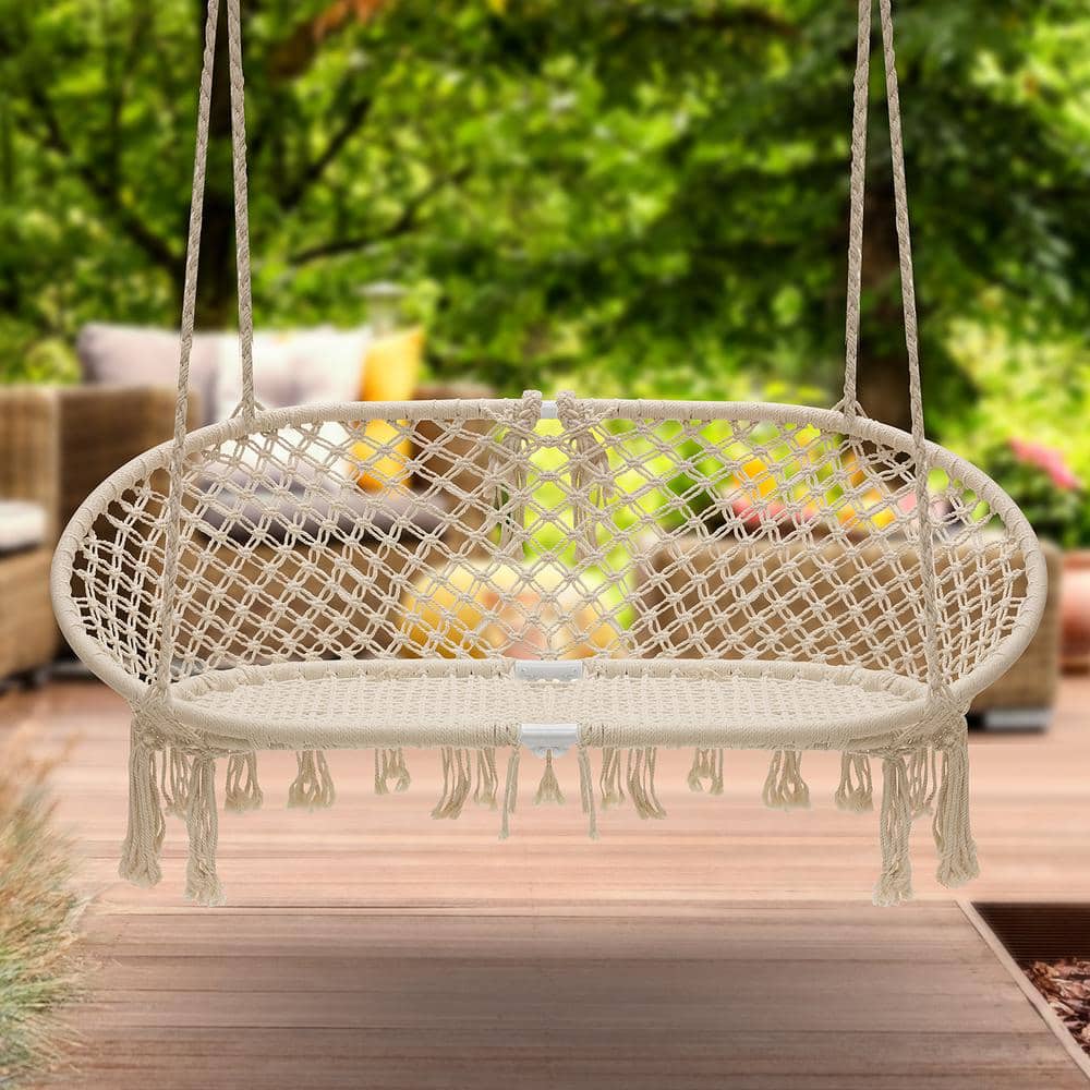 Cream White Double Macrame Hammock Chair Swing