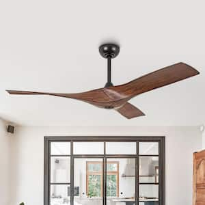 52 in. Modern Black Downrod Ceiling Fan with 6 Speed Remote Control, DC Motor and 3 Walnut ABS Blades