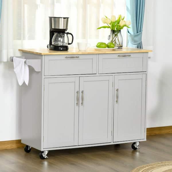 FAMYYT Rolling Gray Wood Tabletop 48 in. Kitchen Island Cart with Adjustable Shelves