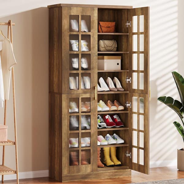 71 in. H x 31.5 in. W Brown Engineered Wood Shoe Storage Cabinet, 8-Tier Shoe Organizer Entryway Shoe Rack with Doors