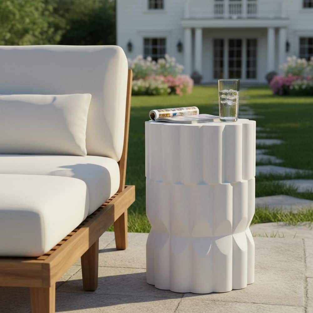 Arclen Patio White Round Wave-Edge Shaped Stone Indoor & Outdoor Side Table, Magnesium Oxide(MGO) End Table price history on PriceWatchPro