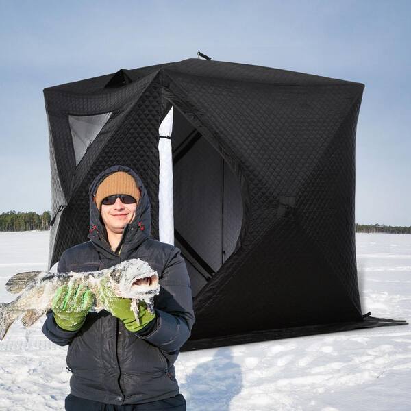 Outsunny 2 Person Ice Fishing Shelter with Padded Walls, Thermal Waterproof Portable Pop Up Ice Tent with 2 Doors, Black