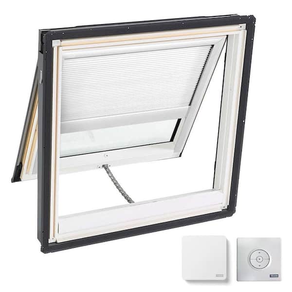 VELUX 21 in. x 26-7/8 in. Venting Deck Mount Skylight with Laminated Low-E3 Glass and White Solar Powered Room Darkening Blind