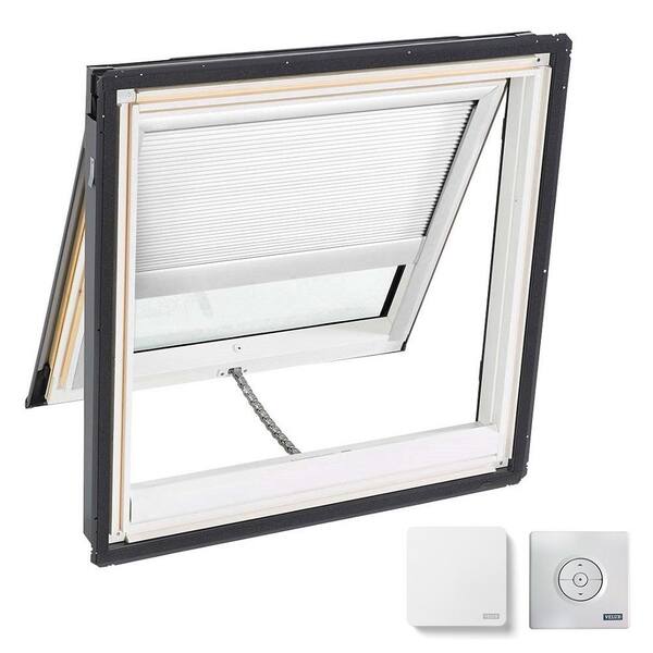 VELUX 30-1/16 in. x 37-7/8 in. Venting Deck-Mount Skylight w/ Laminated Low-E3 Glass, White Solar Powered Room Darkening Blind