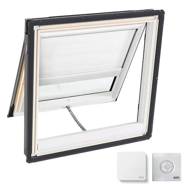 VELUX 44-1/4 in. x 45-3/4 in. Venting Deck-Mount Skylight w/ Laminated Low-E3 Glass, White Solar Powered Room Darkening Blind