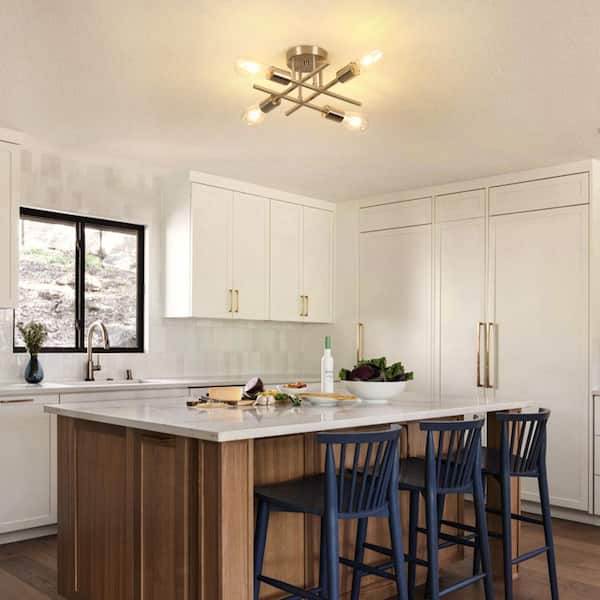 14 in. 4-Light Brushed Nickle Semi Flush Mount Ceiling Light Modern Industrial Sputnik Chandelier Light, E26 Bulb Socket