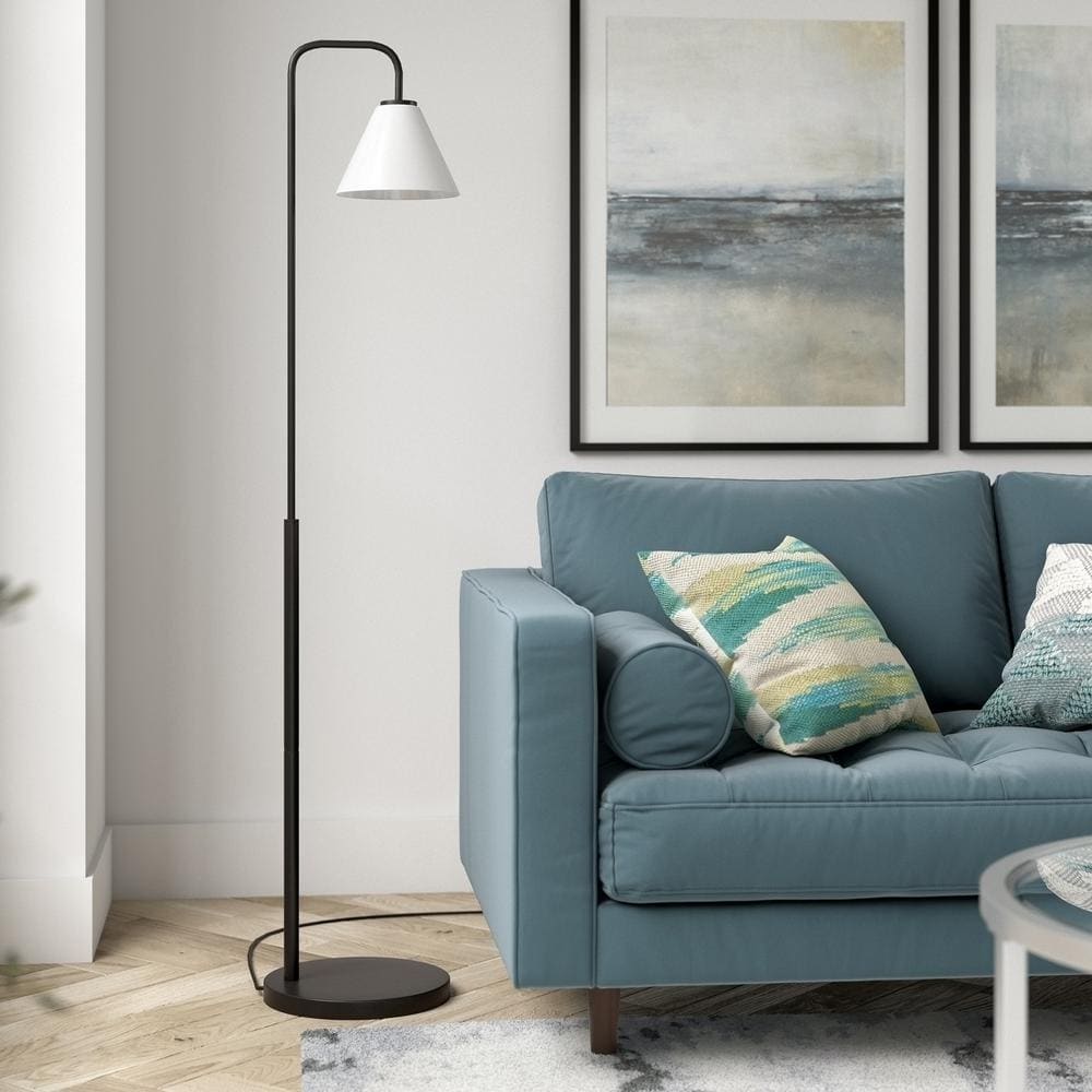 Henderson Voice-Controlled Blackened Bronze Arc Floor Lamp with White Milk Glass Shade