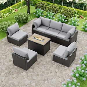 7-Piece Outdoor Wicker Patio Conversation Seating Set with Propane Fire Pit Table Without Ottoman (Light Gray Cushion)