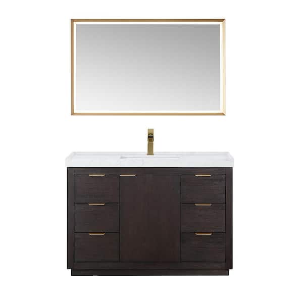 ROSWELL Leiza 48 in. W x 22 in. D x 34.2 in. H Single Sink Bath Vanity in Walnut with White Composite Grain Top and Mirror
